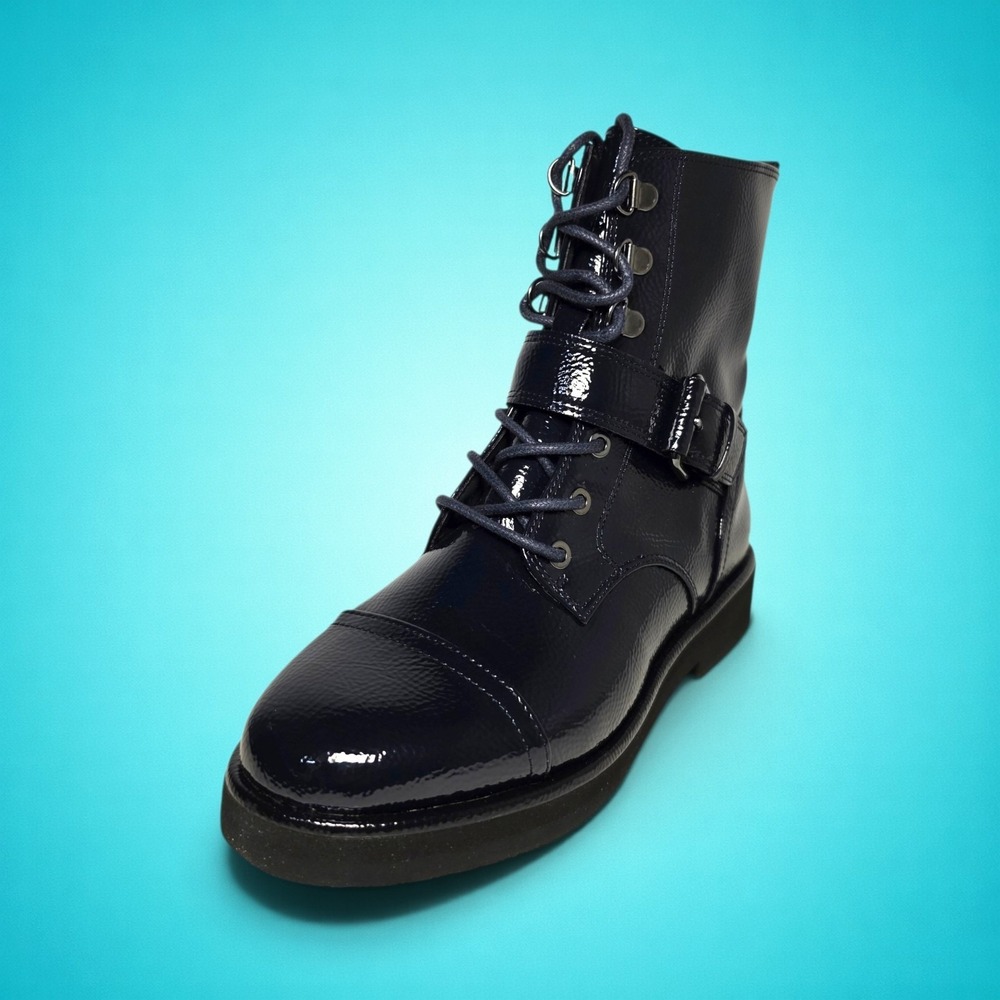 Donald Pliner Lowla Navy Crinkle Patent Leather Combat Boots, Size 5.5